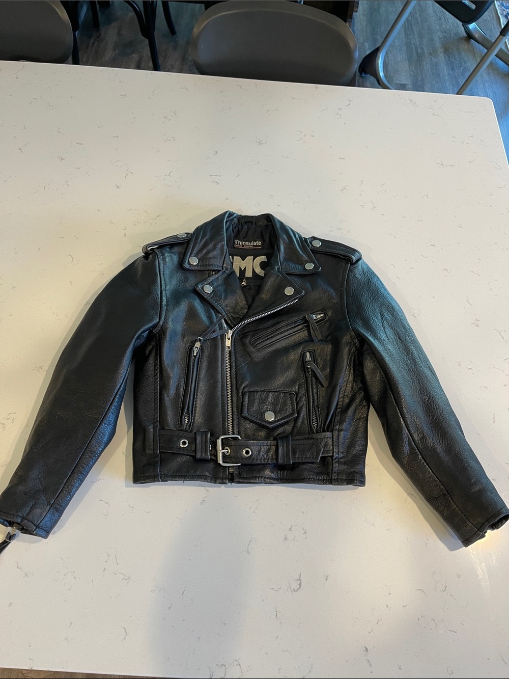Kids Black Faux Leather Biker Bomber Jacket with Belt Size 4